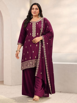 Extra love by Libas - Burgundy Embroidered Round Neck Straight Kurta Palazzo with Dupatta