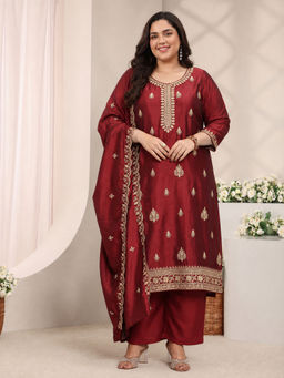 Extra love by Libas - Maroon Embroidered Round Neck Straight Kurta Pant with Dupatta