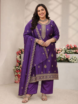 Extra love by Libas - Purple Embroidered Round Neck Straight Kurta Pant with Dupatta