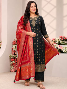 Extra love by Libas - Black Embroidered Round Neck Straight Kurta Pant with Dupatta