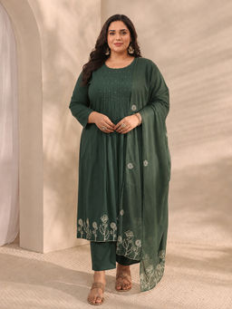Extra love by Libas - Green Embroidered Round Neck A-Line Kurta Pant with Dupatta