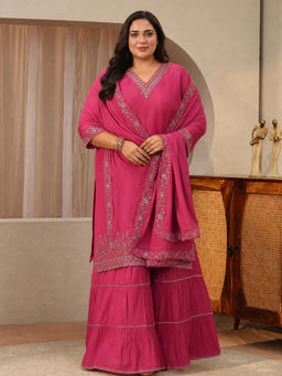 Extra love by Libas - Pink Embroidered V-Neck Straight Kurta Sharara with Dupatta