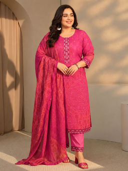 Extra love by Libas - Pink Printed Round Neck Straight Kurta Pant with Dupatta