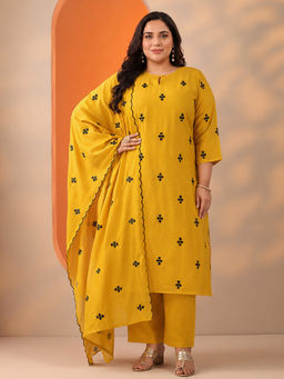 Extra love by Libas - Mustard Embroidered Round Neck Straight Kurta Pant with Dupatta