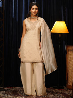 Libas - Cream Embroidered Sweetheart Straight Kurti Palazzo with Dupatta