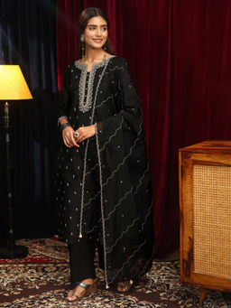 Libas - Black Embroidered Round Neck Straight Kurta Pant with Dupatta