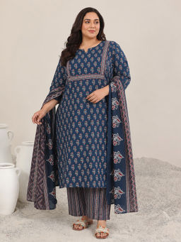 Extra love by Libas - Blue Floral Round Neck Straight Kurta Pant with Dupatta