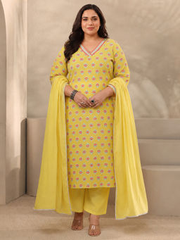 Extra love by Libas - Yellow Floral V-Neck Straight Kurta Pant with Dupatta
