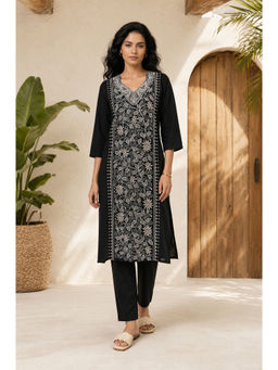 Aurelia - Black Embroidered V-Neck Straight Kurta