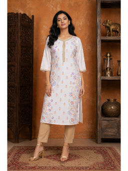 Aurelia - Off White Floral Round Neck Straight Kurta