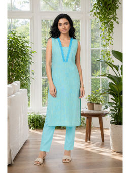 Aurelia - Turquoise Stripes V-Neck Straight Kurta