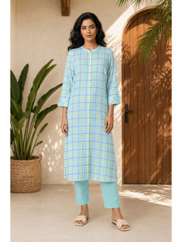 Aurelia - Blue Checks Mandarin Neck Straight Kurta