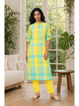 Aurelia - Yellow Checks Mandarin Neck Straight Kurta