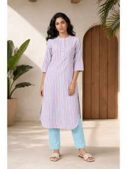 Aurelia - Off White Stripes Mandarin Neck Straight Kurta