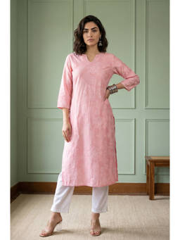 Aurelia - Pink Printed Round Neck Straight Kurta