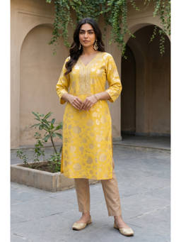 Aurelia - Mustard Embroidered V-Neck Straight Kurta