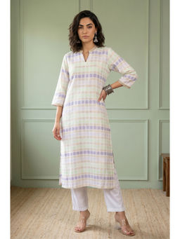 Aurelia - Off White Stripes Mandarin Neck Straight Kurta