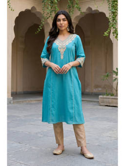 Aurelia - Blue Embroidered V-Neck Regular Kurta