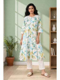 Aurelia - Off White Floral Keyhole Neck Relaxed Kurta