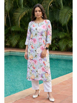 Aurelia - Blue Printed Keyhole Neck Straight Kurta