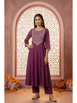 Aurelia - Purple Embroidered Round Neck Regular Kurta