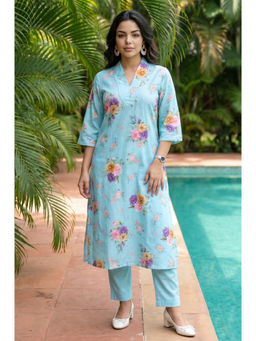Aurelia - Turquoise Floral V-Neck Straight Kurta