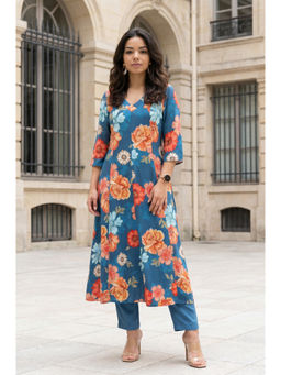 Aurelia - Blue Floral V-Neck Regular Kurta