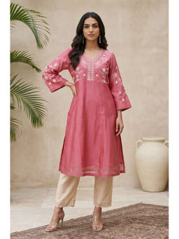 Folksong - Pink Embroidered V-Neck Regular Kurta