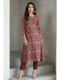 Folksong - Maroon Embroidered Round Neck A-Line Kurta