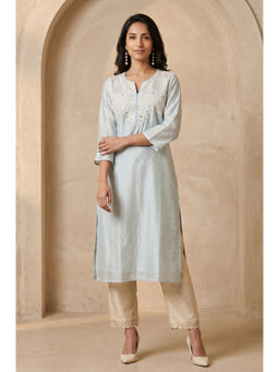 Folksong - Blue Embroidered Round Neck Straight Kurta