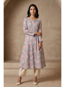 Folksong - Blue Floral Round Neck Regular Kurta