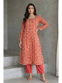 Folksong - Rust Embroidered Round Neck Relaxed Kurta