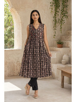 Folksong - Black Printed V-Neck Relaxed Kurta