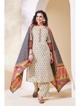 Biba - Beige Floral Round Neck Straight Kurta Pant with Dupatta