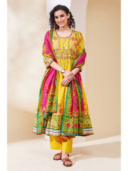 Biba - Yellow Floral Round Neck Regular Kurta Pant with Dupatta