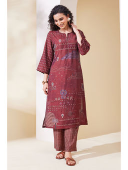 Biba - Maroon Printed Round Neck Straight Kurta & Pant
