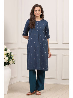 Biba - Blue Printed Round Neck Straight Kurta & Pant