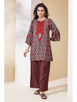 Biba - Brown Printed Round Neck Straight Kurti & Palazzo