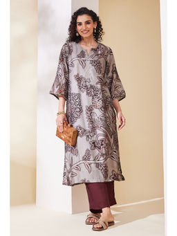 Biba - Brown Floral Round Neck Straight Kurta with Inner & Pant