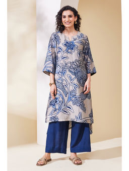 Biba - Blue Floral Round Neck Straight Kurta with Inner & Pant