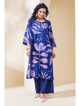 Biba - Blue Floral Round Neck A-Line Kurta & Palazzo