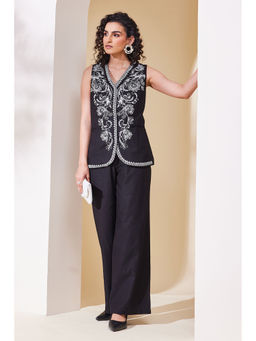Biba - Black Embroidered V-Neck Straight Co-ord Set
