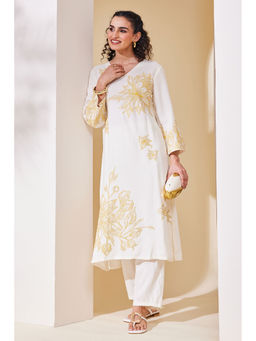 Biba - White Floral V-Neck Straight Kurta & Pant