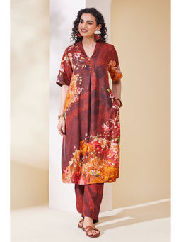 Biba - Brown Tie & Dye V-Neck A-Line Kurta & Pant