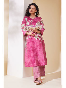 Biba - Pink Embroidered Round Neck Straight Kurta & Pant