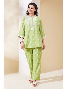 Biba - Green Embroidered Round Neck Straight Co-ord Set