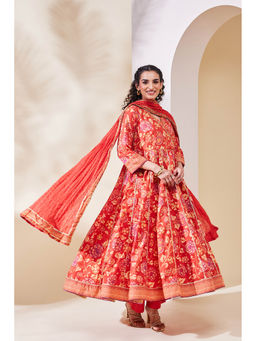 Biba - Brown Floral V-Neck Regular Anarkali Kurta Pant with Dupatta