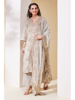 Biba - Beige Embroidered V-Neck Straight Kurta Pant with Dupatta