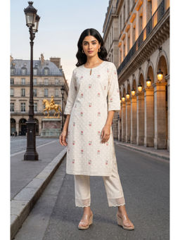 W - Off White Floral Keyhole Neck Straight Kurta