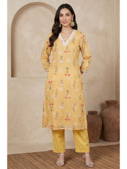 W - Mustard Floral V-Neck Straight Kurta